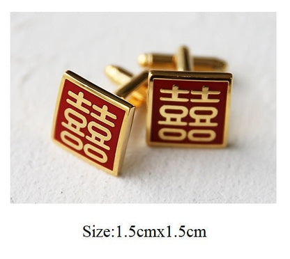 Square Shape  Double happiness Cufflinks & Tie Clip