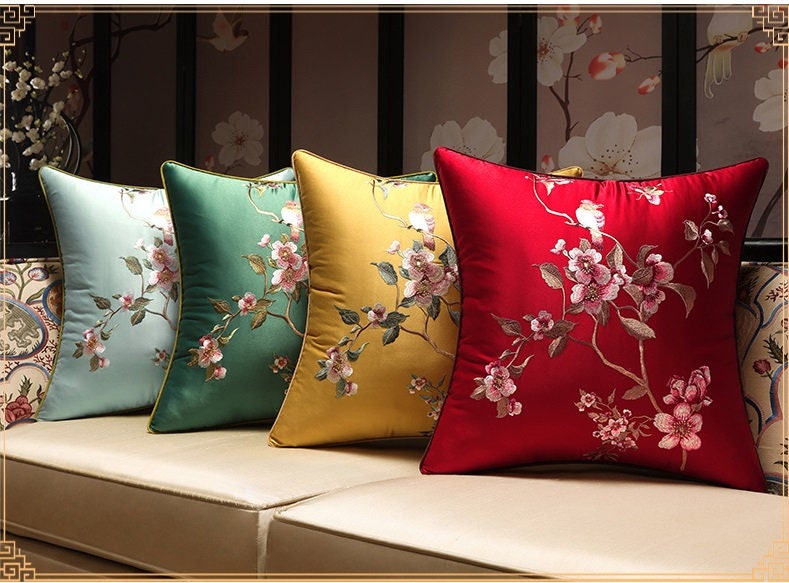 Oriental Embroidered  Floral  Satin Cushion Covers | Plum Blossom - Oriental Me