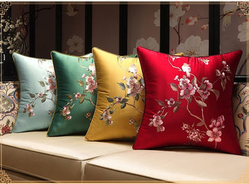Oriental Embroidered  Floral  Satin Cushion Covers | Plum Blossom - Oriental Me