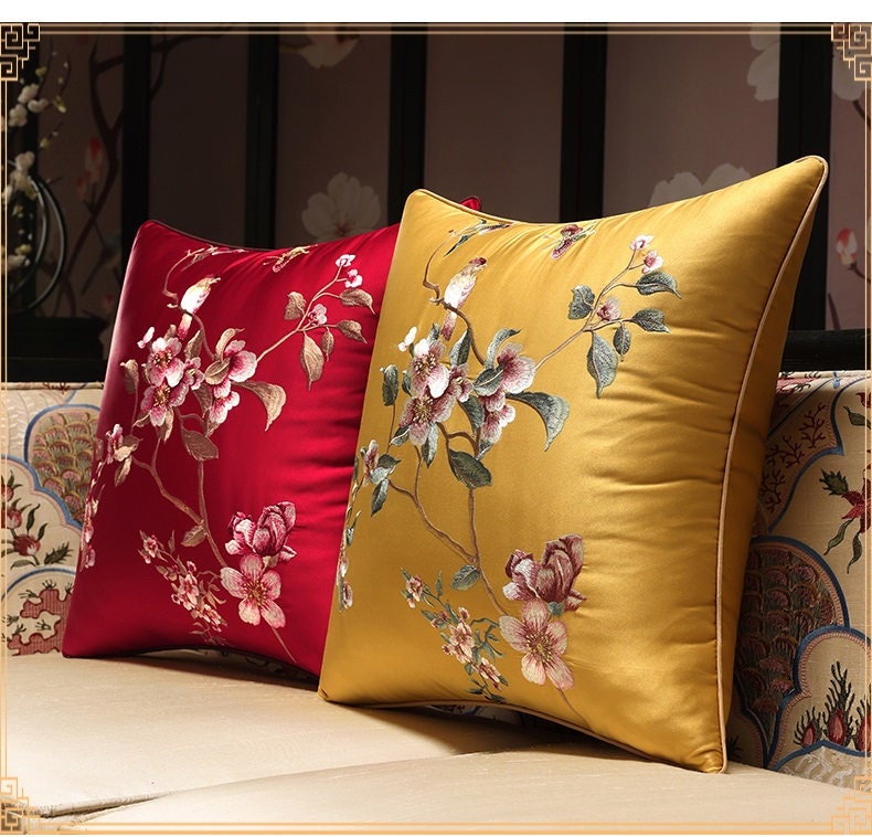 Oriental Embroidered  Floral  Satin Cushion Covers | Plum Blossom - Oriental Me