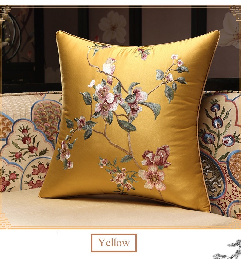 Oriental Embroidered  Floral  Satin Cushion Covers | Plum Blossom - Oriental Me
