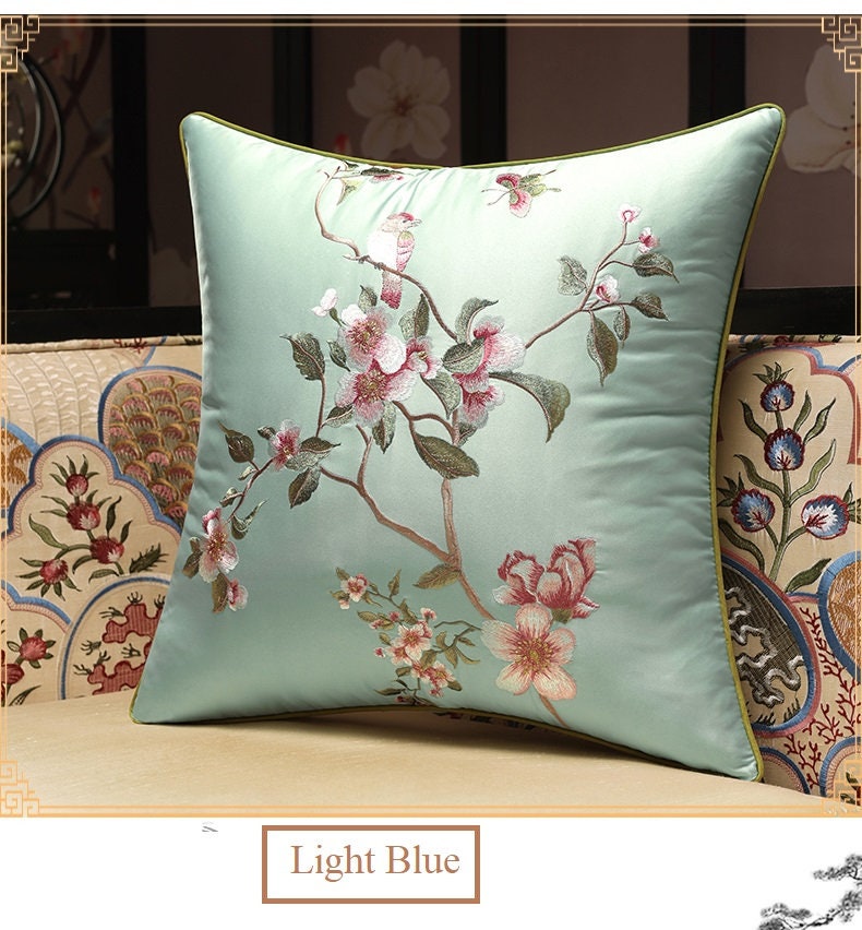 Oriental Embroidered  Floral  Satin Cushion Covers | Plum Blossom - Oriental Me
