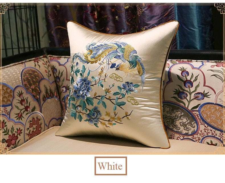 Oriental Embroidered Satin Cushion Covers |  Peony and Phoenix - Oriental Me