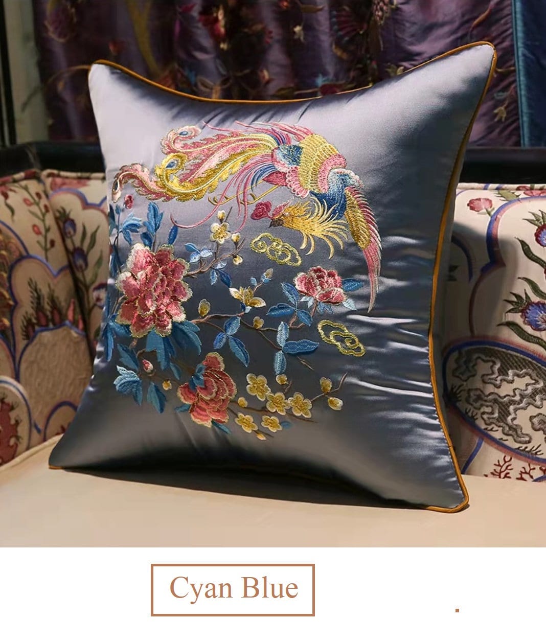 Oriental Embroidered Satin Cushion Covers |  Peony and Phoenix - Oriental Me