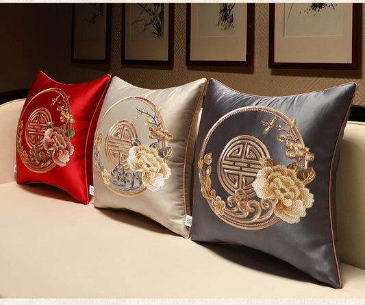 Floral Embroidered Satin Cushion Covers with peony and chinses luck symbol
