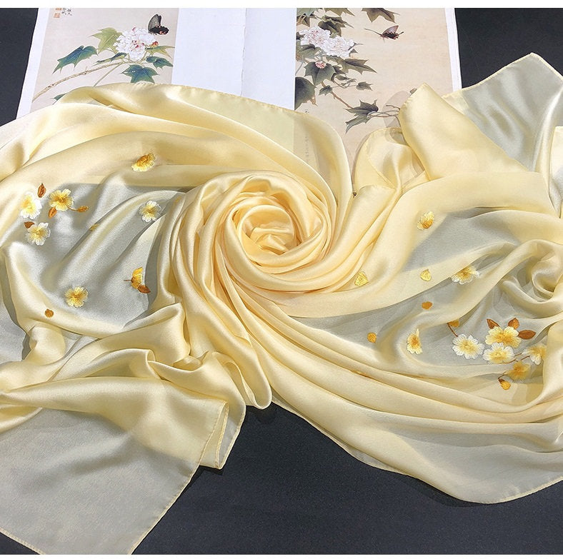 100% Mulberry Silk Floral Scarf | Plum Bossom - Oriental Me