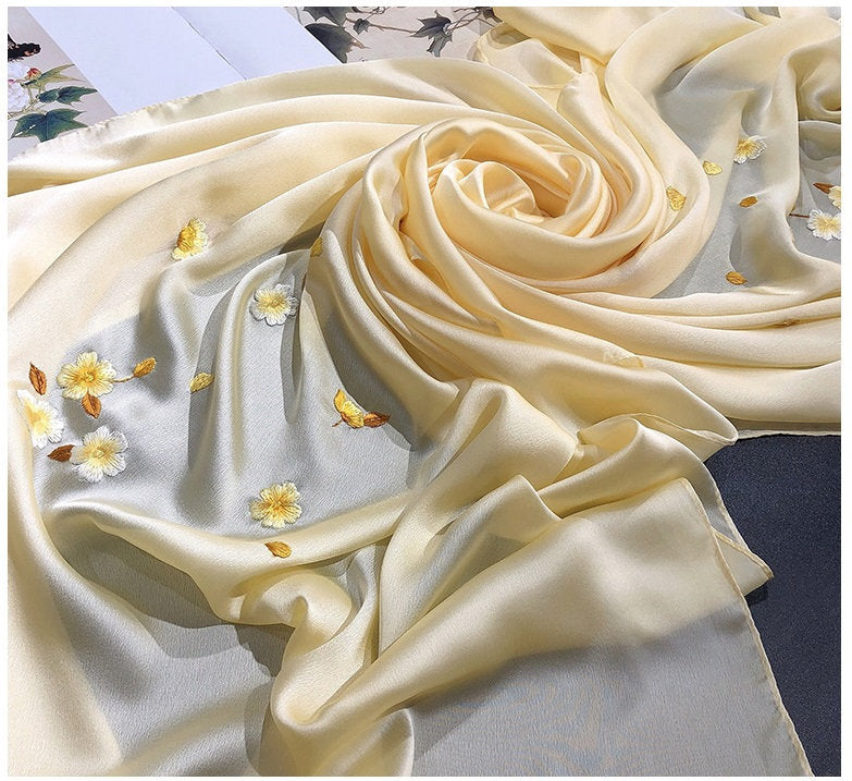 100% Mulberry Silk Floral Scarf | Plum Bossom - Oriental Me