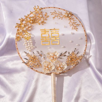 Double Happiness   Round Hand  Fan| Golden Flowers