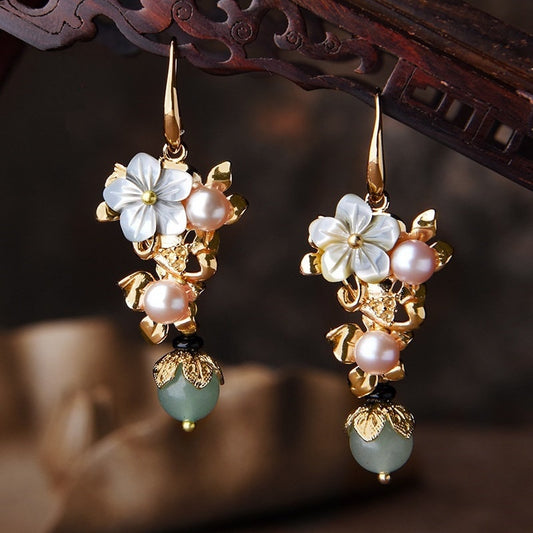 Green Jade Red Agate Pearl Flower  Dangle earrings - Oriental Me