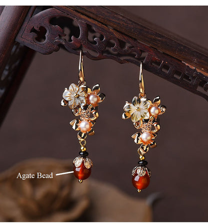 Green Jade Red Agate Pearl Flower  Dangle earrings