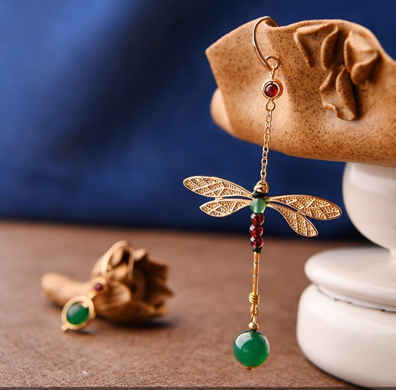 Green Agate Red Garnet Stone Dragonfly Beads  Drop Earrings - Oriental Me