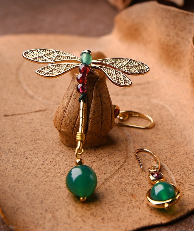 Green Agate Red Garnet Stone Dragonfly Beads  Drop Earrings - Oriental Me