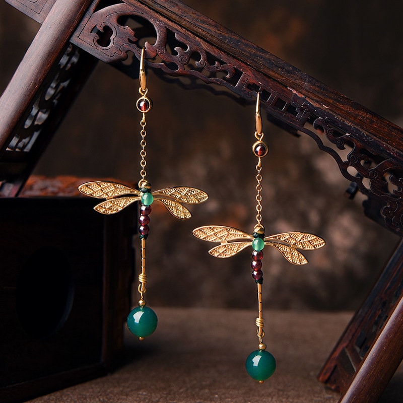 Green Agate Red Garnet Stone Dragonfly Beads  Drop Earrings