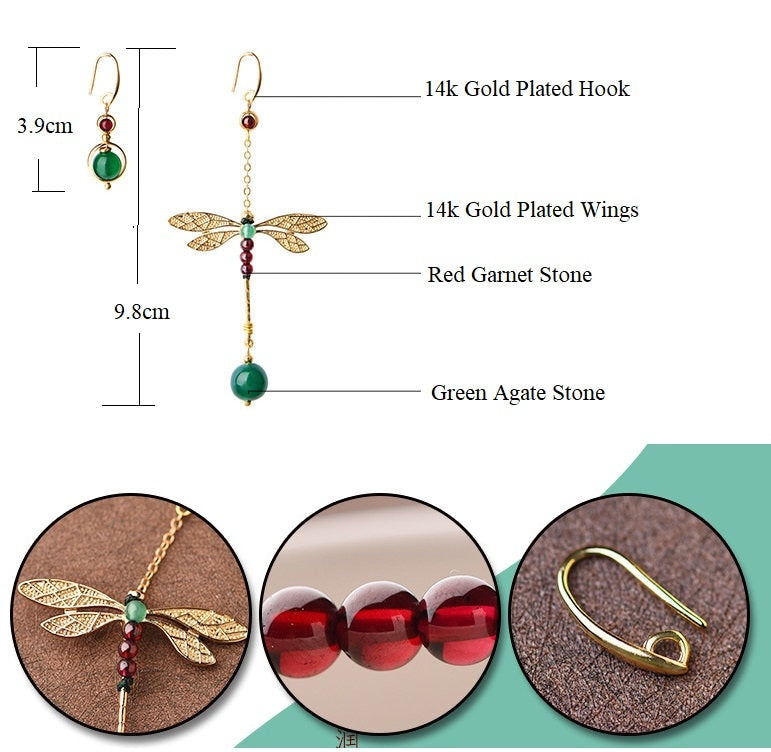Green Agate Red Garnet Stone Dragonfly Beads  Drop Earrings