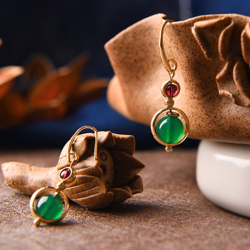 Green Agate Red Garnet Stone Dragonfly Beads  Drop Earrings - Oriental Me
