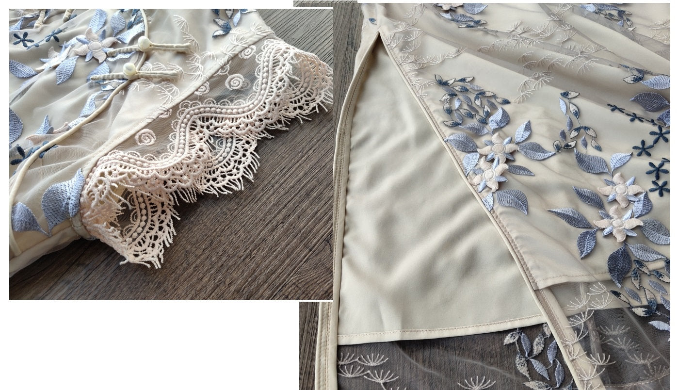 Beiges Cheongsam-Qipao-Kleid mit Blumenmuster und Spitze|Magnolia