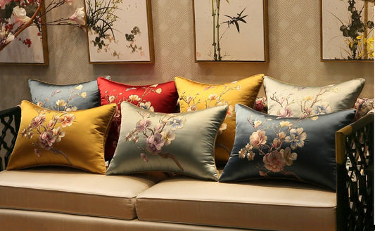 Oriental Embroidered Floral Satin Cushion Covers | Peach Blossom
