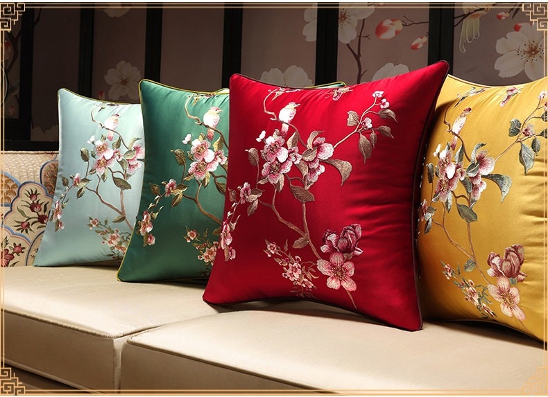 Oriental Embroidered  Floral  Satin Cushion Covers | Plum Blossom - Oriental Me