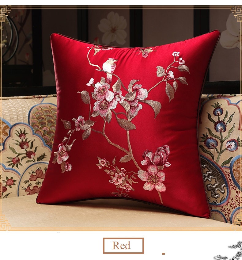 Oriental Embroidered  Floral  Satin Cushion Covers | Plum Blossom - Oriental Me