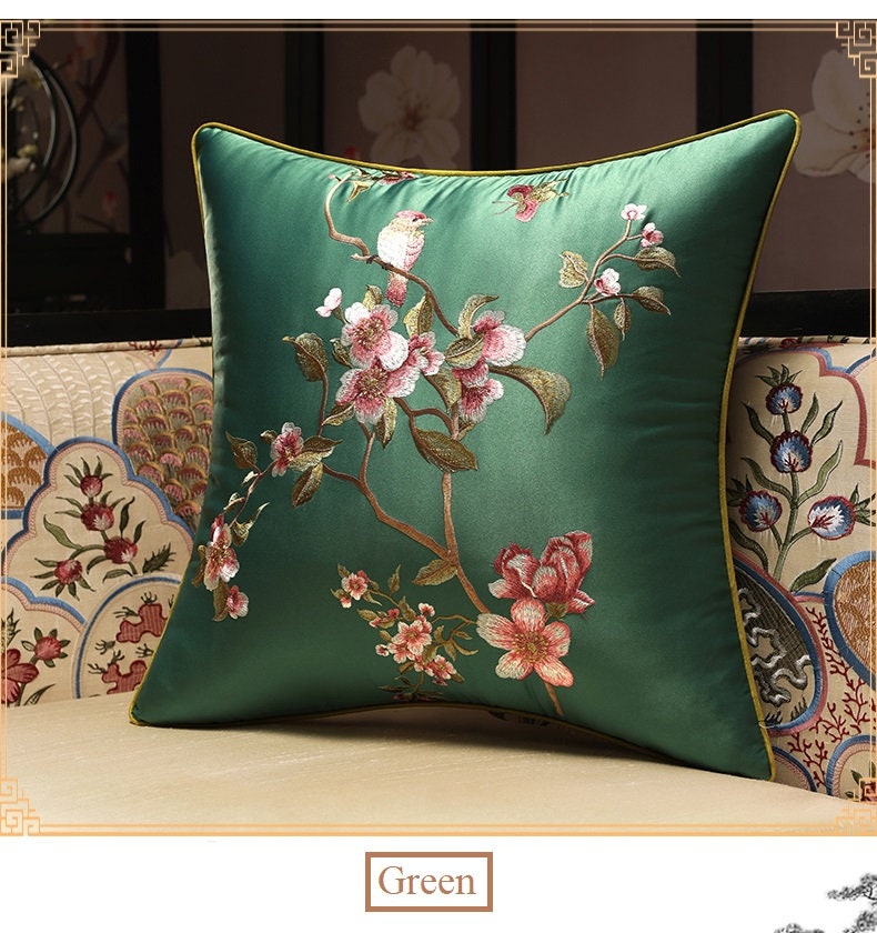 Oriental Satin Cushion Covers with Plum Blossom embroidery Oriental Me