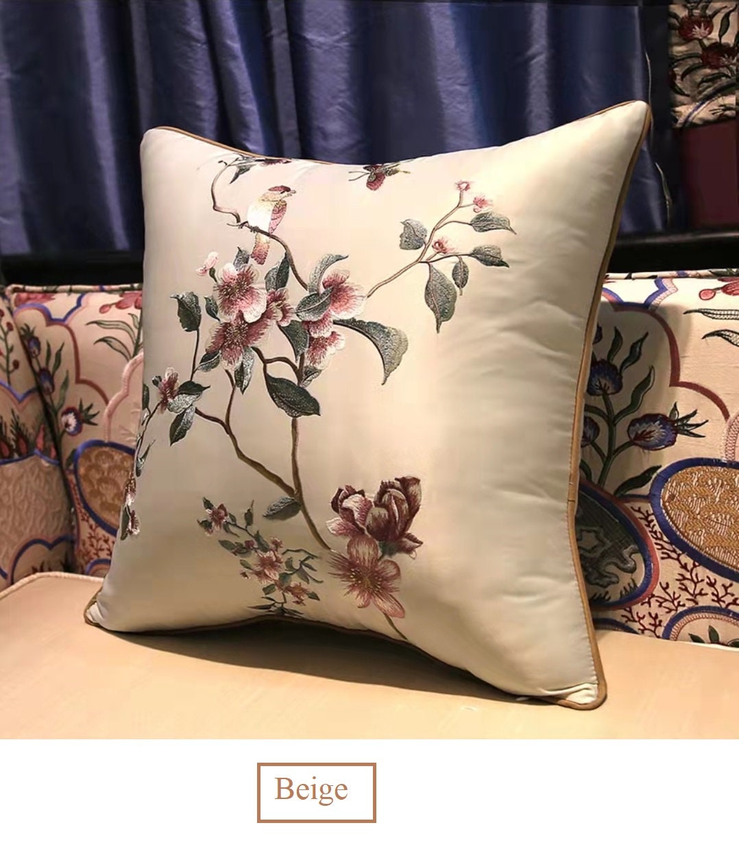 Oriental Embroidered  Floral  Satin Cushion Covers | Plum Blossom - Oriental Me