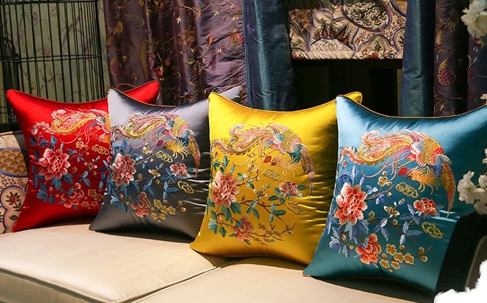 Oriental Embroidered Satin Cushion Covers |  Peony and Phoenix - Oriental Me