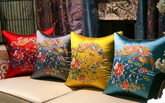 Oriental Embroidered Satin Cushion Covers |  Peony and Phoenix
