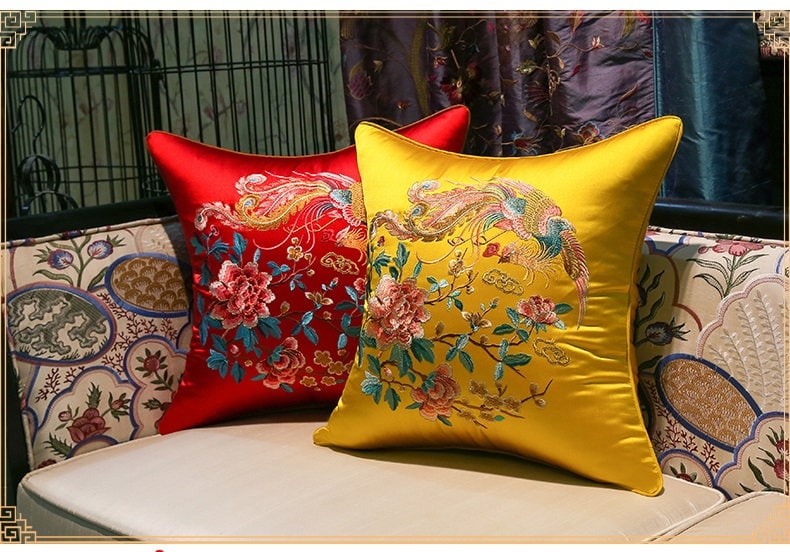 Oriental Embroidered Satin Cushion Covers |  Peony and Phoenix - Oriental Me