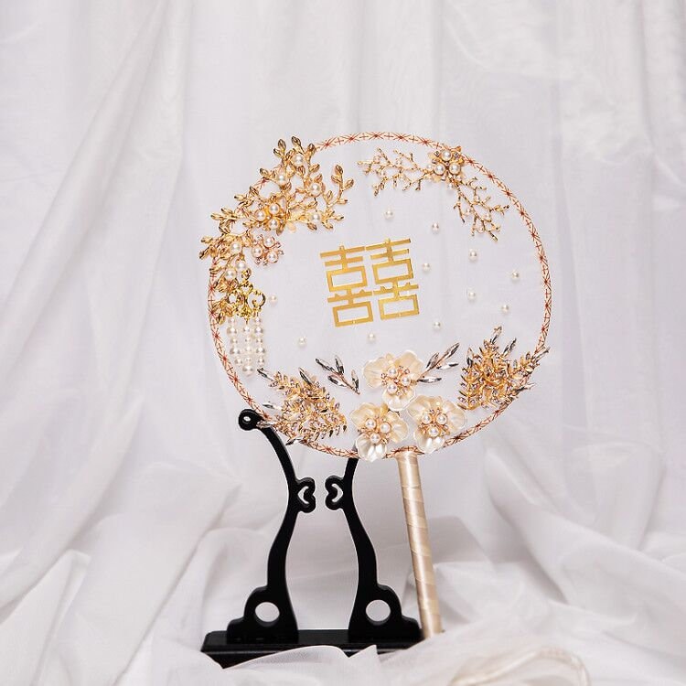 Double Happiness   Round Hand  Fan| Golden Flowers