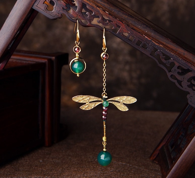Green Agate Red Garnet Stone Dragonfly Beads  Drop Earrings - Oriental Me