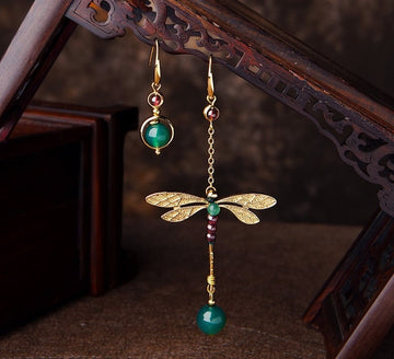 Green Agate Red Garnet Stone Dragonfly Beads  Drop Earrings - Oriental Me
