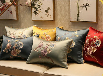 Oriental Embroidered Floral Satin Cushion Covers | Peach Blossom