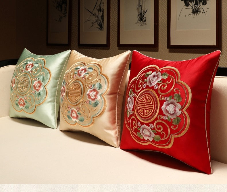 Oriental Floral  Embroidered  Satin Cushion Covers |Prosperity