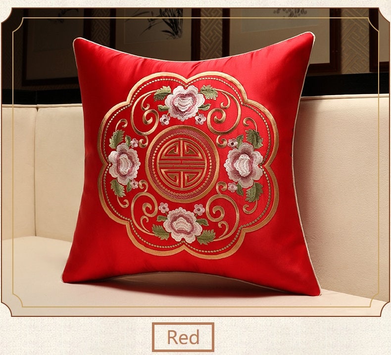 Oriental Floral  Embroidered  Satin Cushion Covers |Prosperity