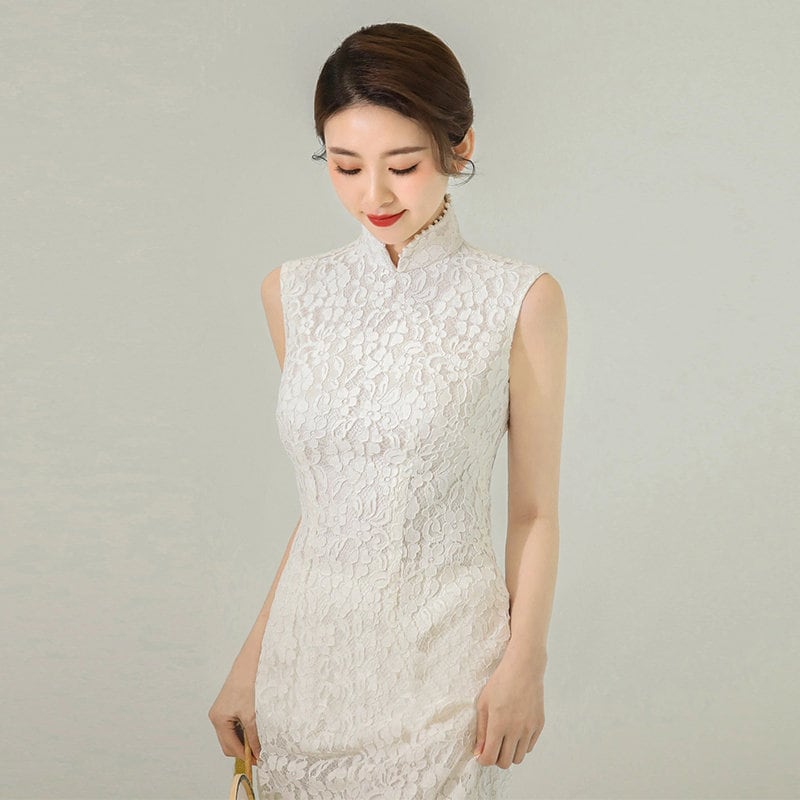 White Open Back Lace Cheongsam Qipao Dress| Charm