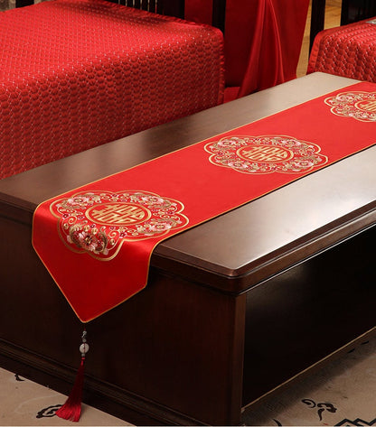 Asian Chinese Wedding Tea Ceremony Red Embroidered Satin Double Happiness  Cushion Cover Table Runner Kneeling Pad