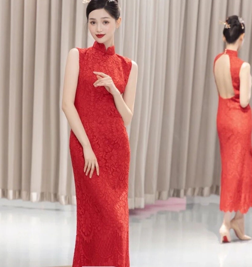 Asian Chinese  Wedding Tea Ceremony Red Modernised Open Back Backless Sleeveless Lace Bridal  Cheongsam Qipao Dress| Mandarin Collar - Oriental Me