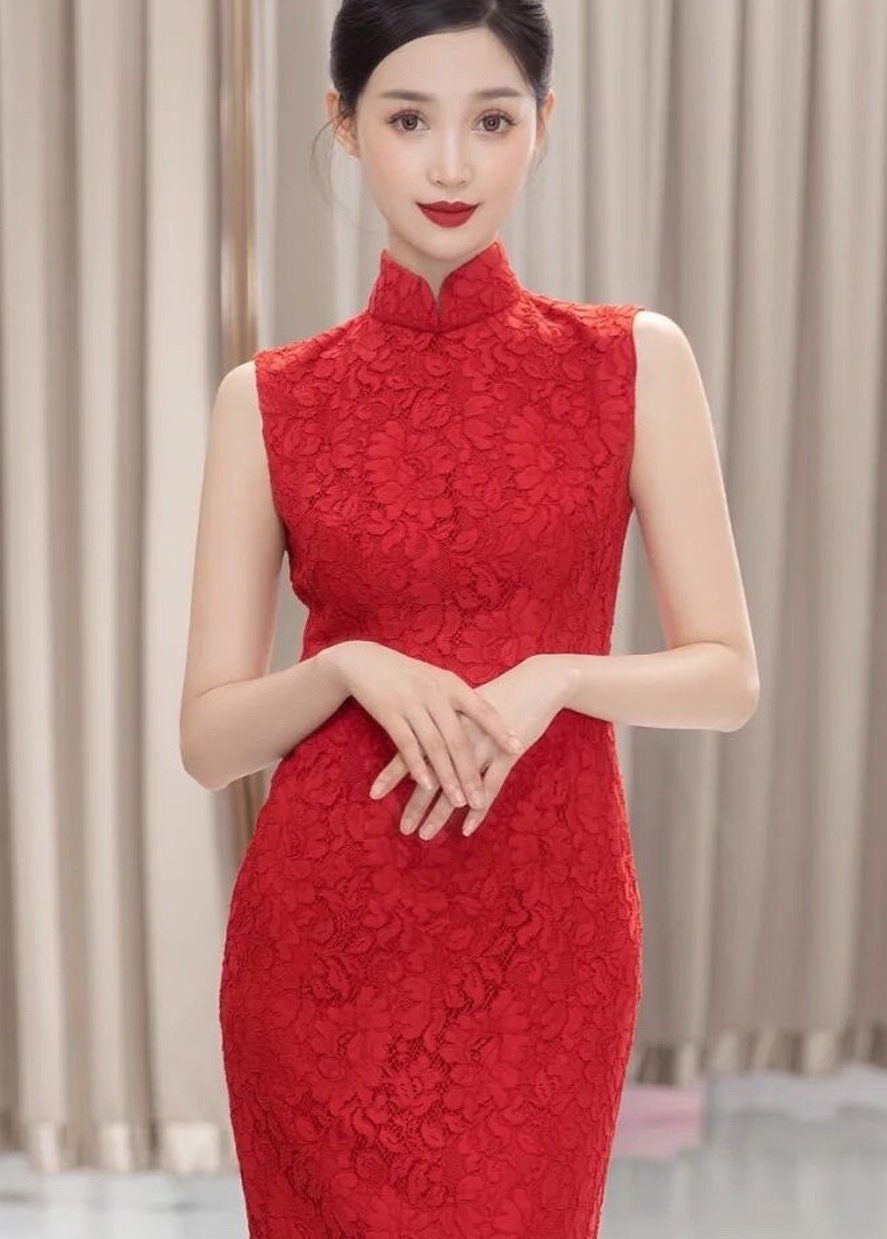 Asian Chinese  Wedding Tea Ceremony Red Modernised Open Back Backless Sleeveless Lace Bridal  Cheongsam Qipao Dress| Mandarin Collar - Oriental Me