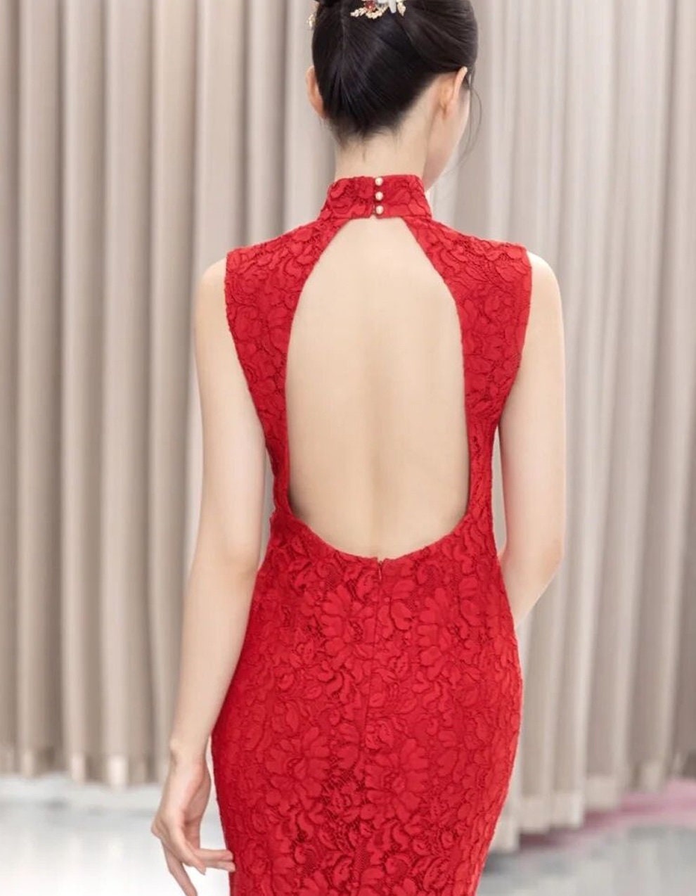 Asian Chinese  Wedding Tea Ceremony Red Modernised Open Back Backless Sleeveless Lace Bridal  Cheongsam Qipao Dress| Mandarin Collar - Oriental Me