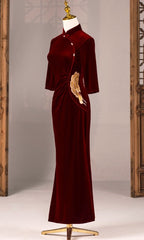 Wine Red  Velvet Mermaid Cheongsam Qipao Dress - Oriental Me