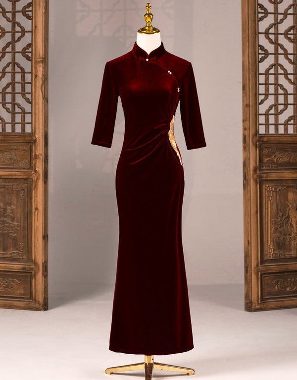 Wine Red  Velvet Mermaid Cheongsam Qipao Dress - Oriental Me