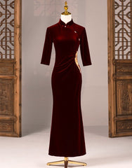 Wine Red  Velvet Mermaid Cheongsam Qipao Dress - Oriental Me
