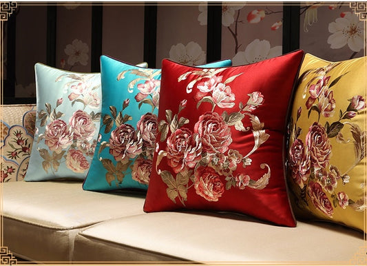 Oriental Floral  Embroidered  Satin Cushion Covers | Peony