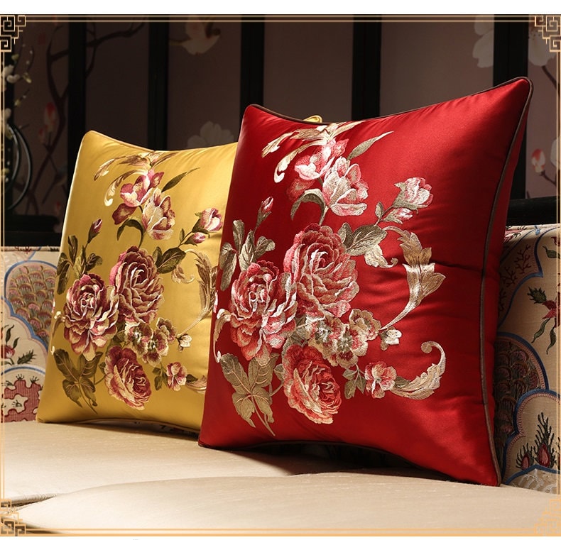 Oriental Floral  Embroidered  Satin Cushion Covers | Peony - Oriental Me