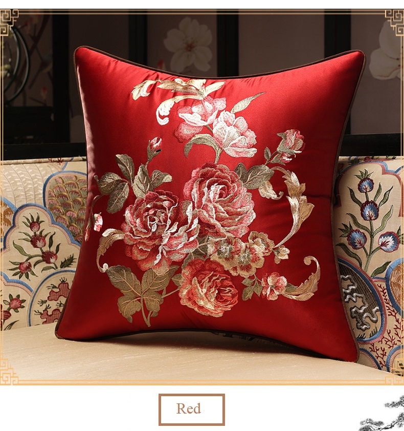 Oriental Floral  Embroidered  Satin Cushion Covers | Peony - Oriental Me