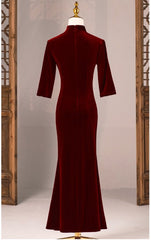 Wine Red  Velvet Mermaid Cheongsam Qipao Dress - Oriental Me