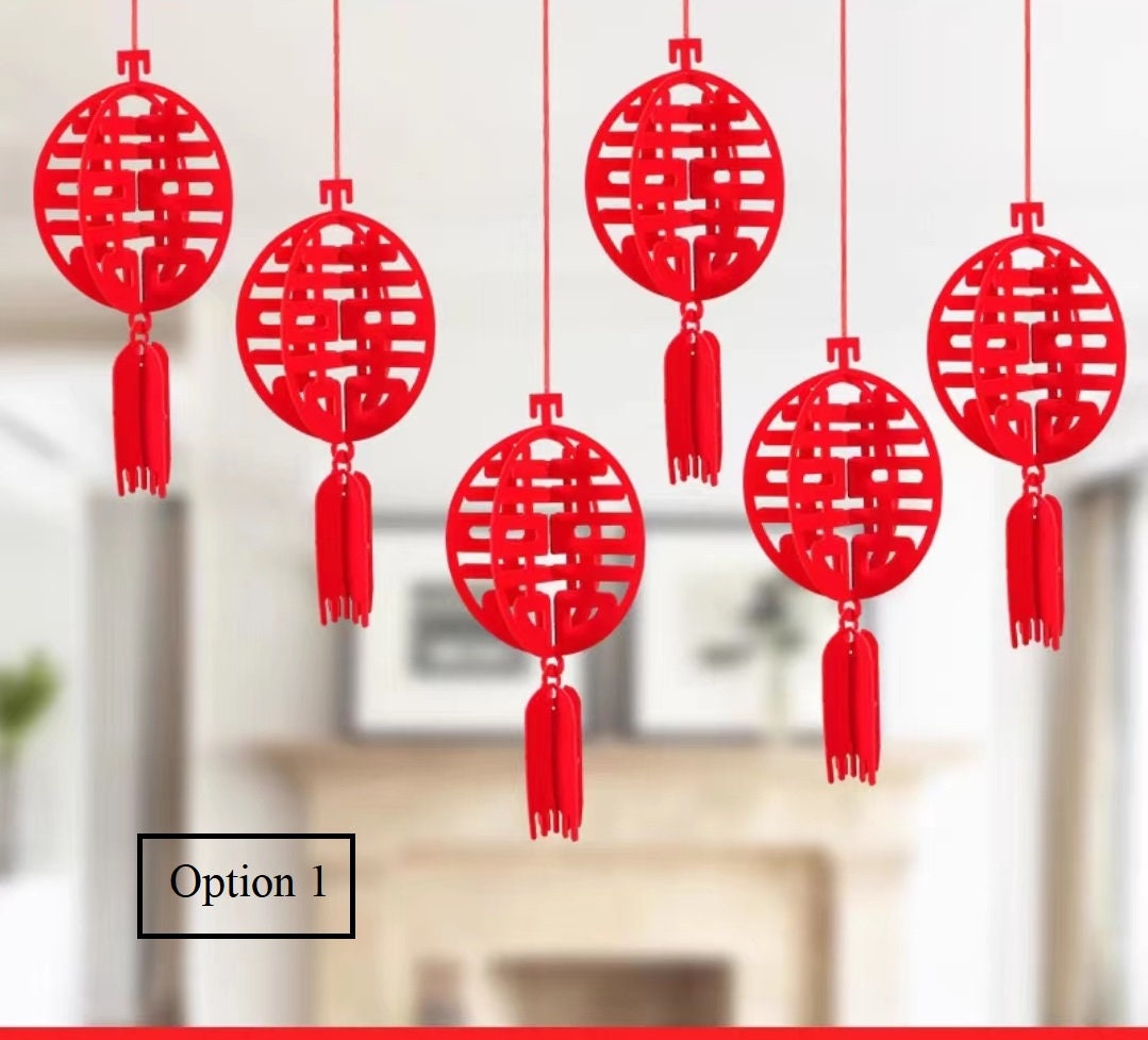 3D Double Happiness Felt Lanterns (6pcs) - Oriental Me