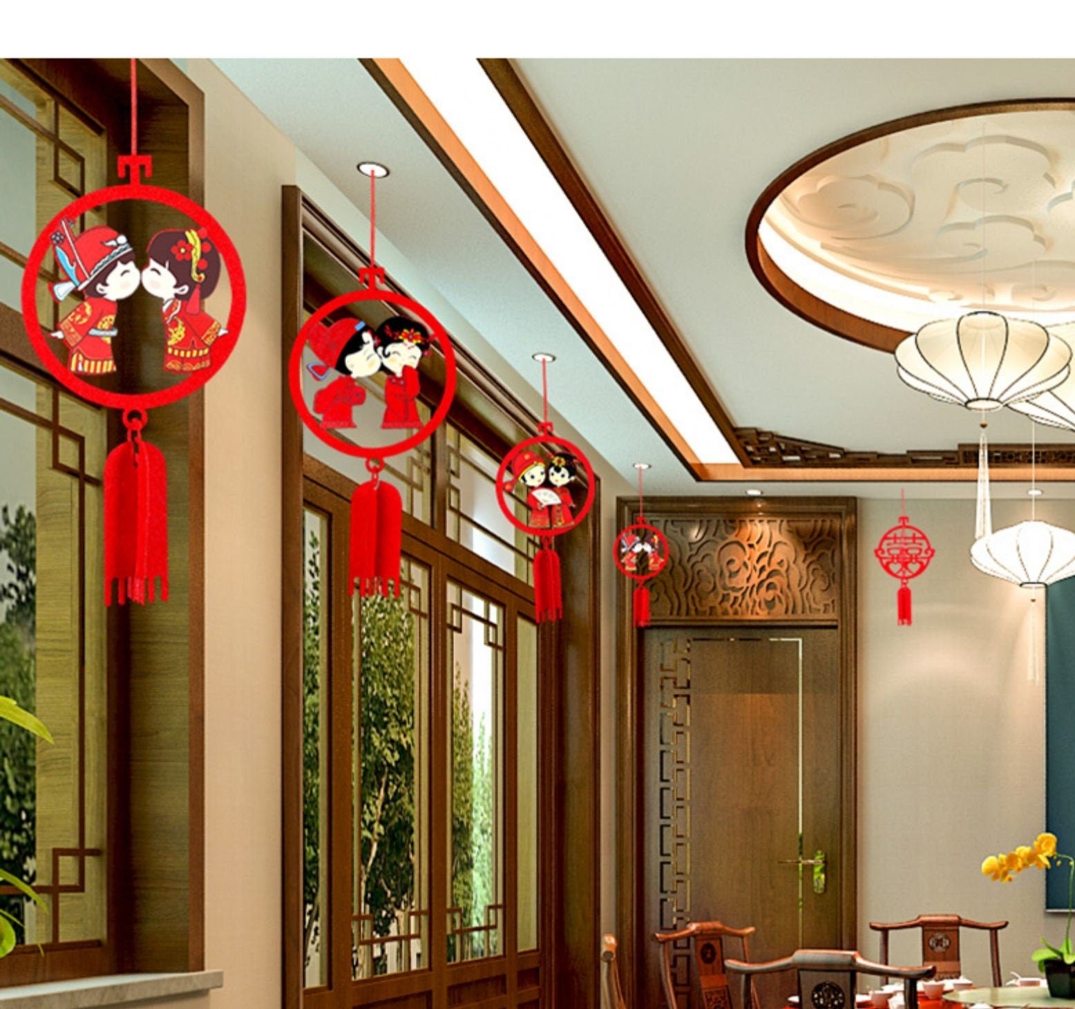 3D Double Happiness Felt Lanterns (6pcs) - Oriental Me