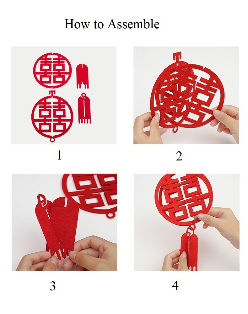 3D Double Happiness Felt Lanterns (6pcs) - Oriental Me