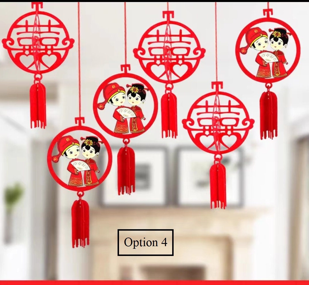 3D Double Happiness Felt Lanterns (6pcs) - Oriental Me
